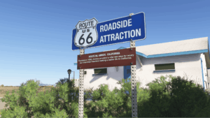 Route 66 roadside attraction sign at Amboy, California, recreated in the MSFS 2024 Amboy Airfield scenery
