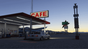 Roy’s Motel and Café on Route 66 at Amboy, California, recreated in the MSFS 2024 Amboy Airfield scenery