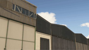 Detailed aircraft hangars at Bonn-Hangelar Airport recreated in MSFS 2024 under a clear blue sky 