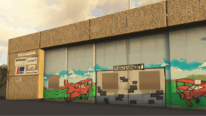 Bonn-Hangelar Airport hangar recreated in MSFS 2024, featuring colourful aircraft murals and aviation signage