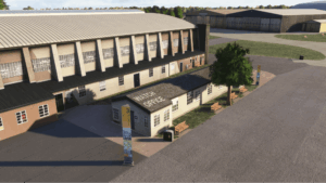 Duxford Airfield hangars and Watch Office in Microsoft Flight Simulator.