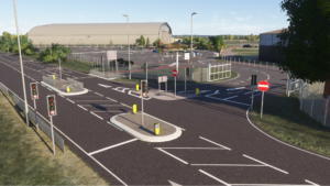 Duxford Airfield entrance and hangars in Microsoft Flight Simulator, with a historic aircraft displayed outside.