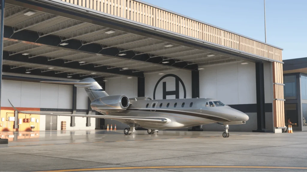 Microsoft Flight Simulator & DLSS 5 showing small silver plane in hangar