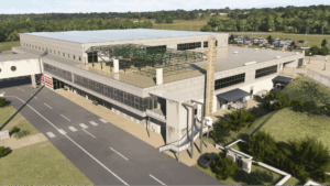 Pula Airport terminal building recreated in Microsoft Flight Simulator 2024, viewed from above with surrounding roads and car park