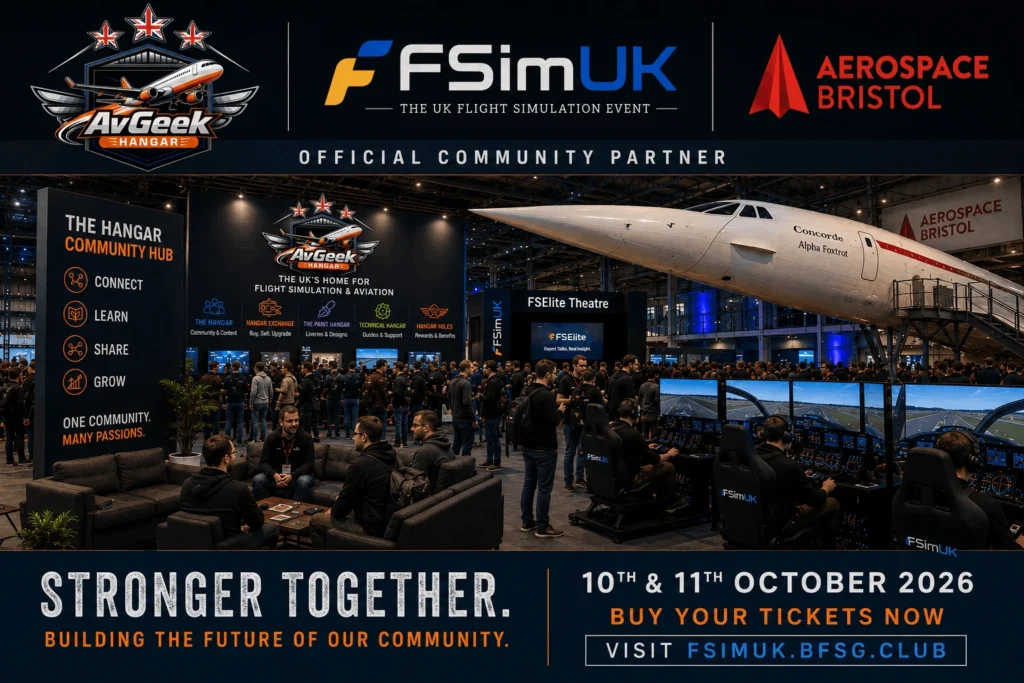 FSimUK 2026 at Aerospace Bristol, featuring the AvGeekHangar Community Hub, flight simulators and Concorde.
