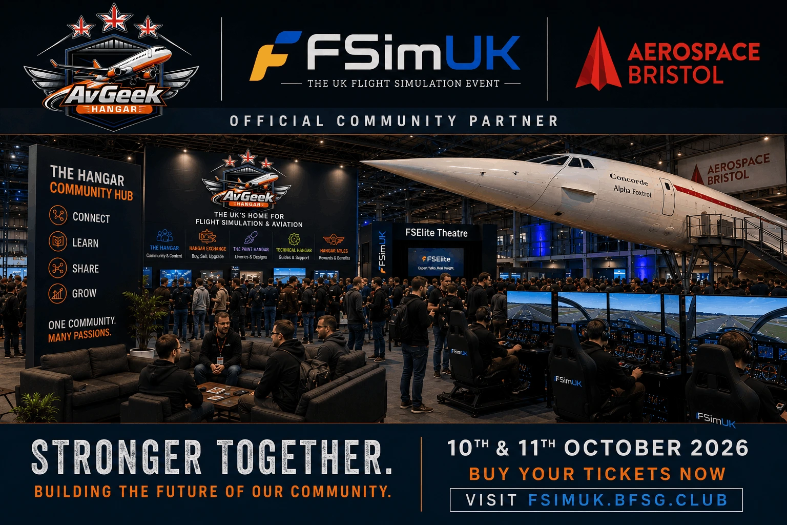 FSimUK 2026 at Aerospace Bristol, featuring the AvGeekHangar Community Hub, flight simulators and Concorde.