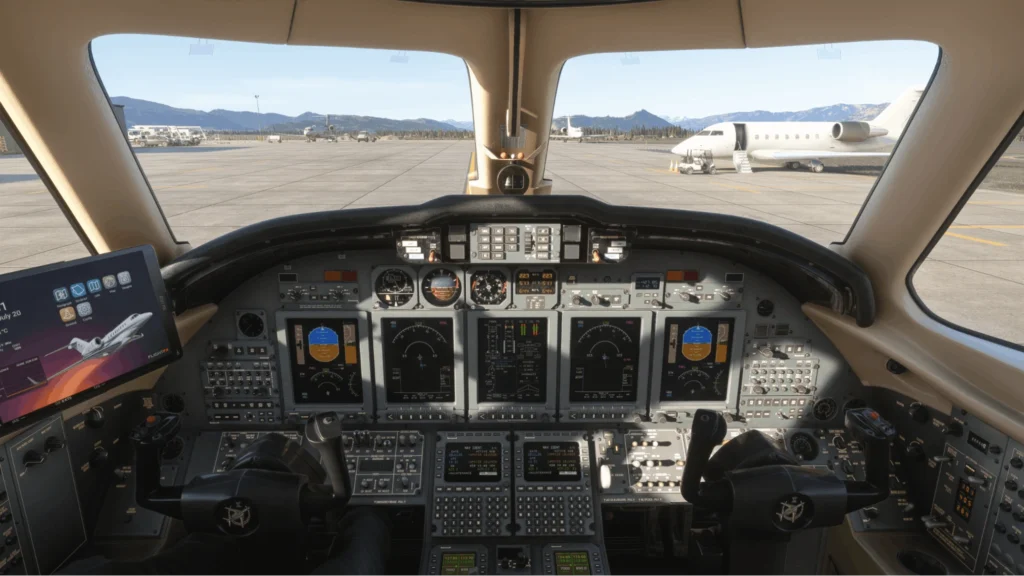 Microsoft Flight Simulator & DLSS 5 showing cockpit from inside plane looking out to runway