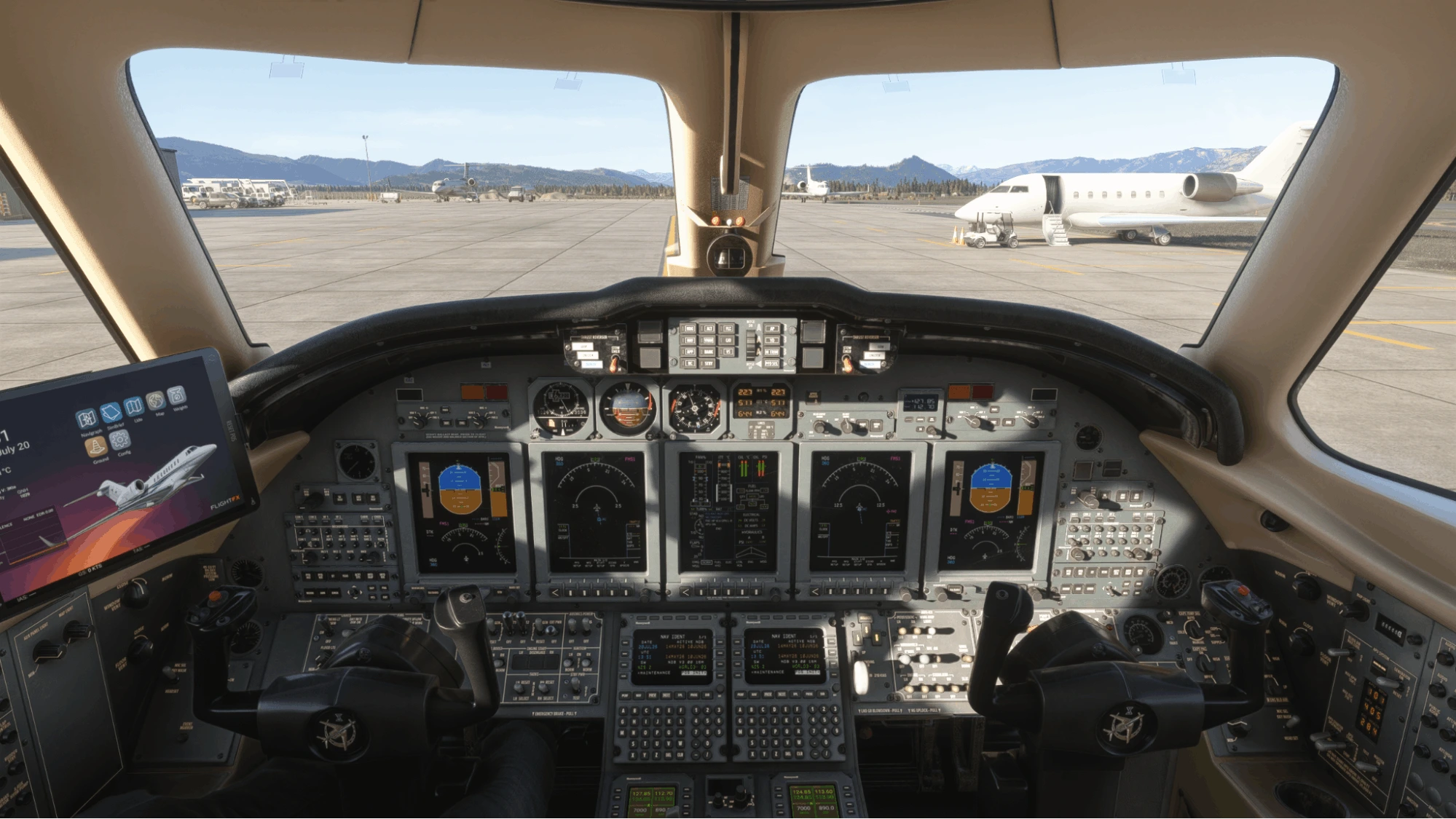 Microsoft Flight Simulator & DLSS 5 showing cockpit from inside plane looking out to runway