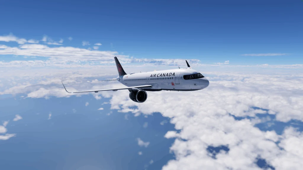 White Air Canada plane in flight above clouds