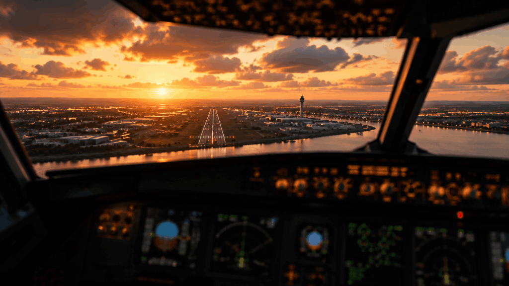 Flight simulation in 2026 showing an airliner cockpit approaching an airport runway at sunset