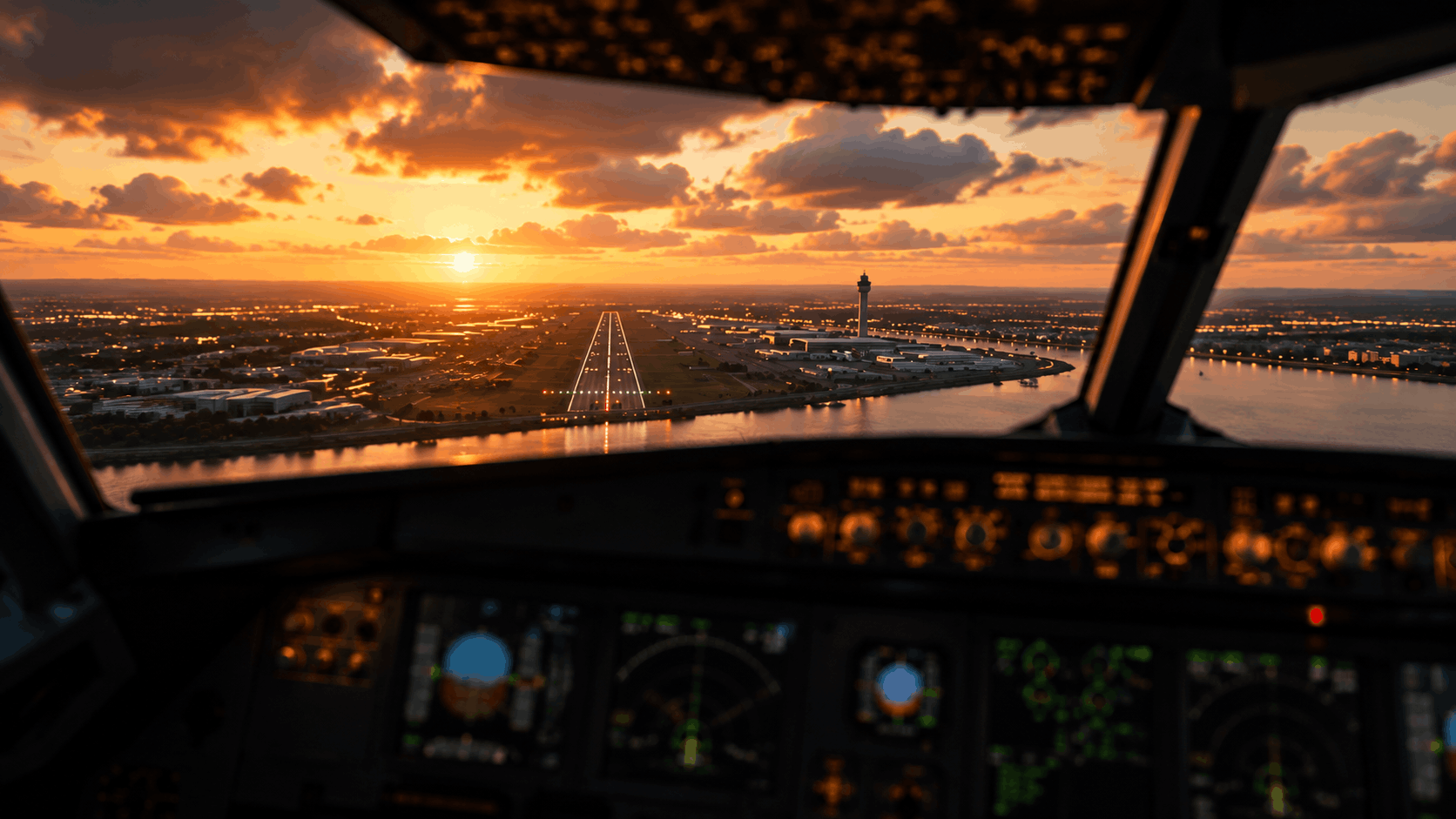 Flight simulation in 2026 showing an airliner cockpit approaching an airport runway at sunset