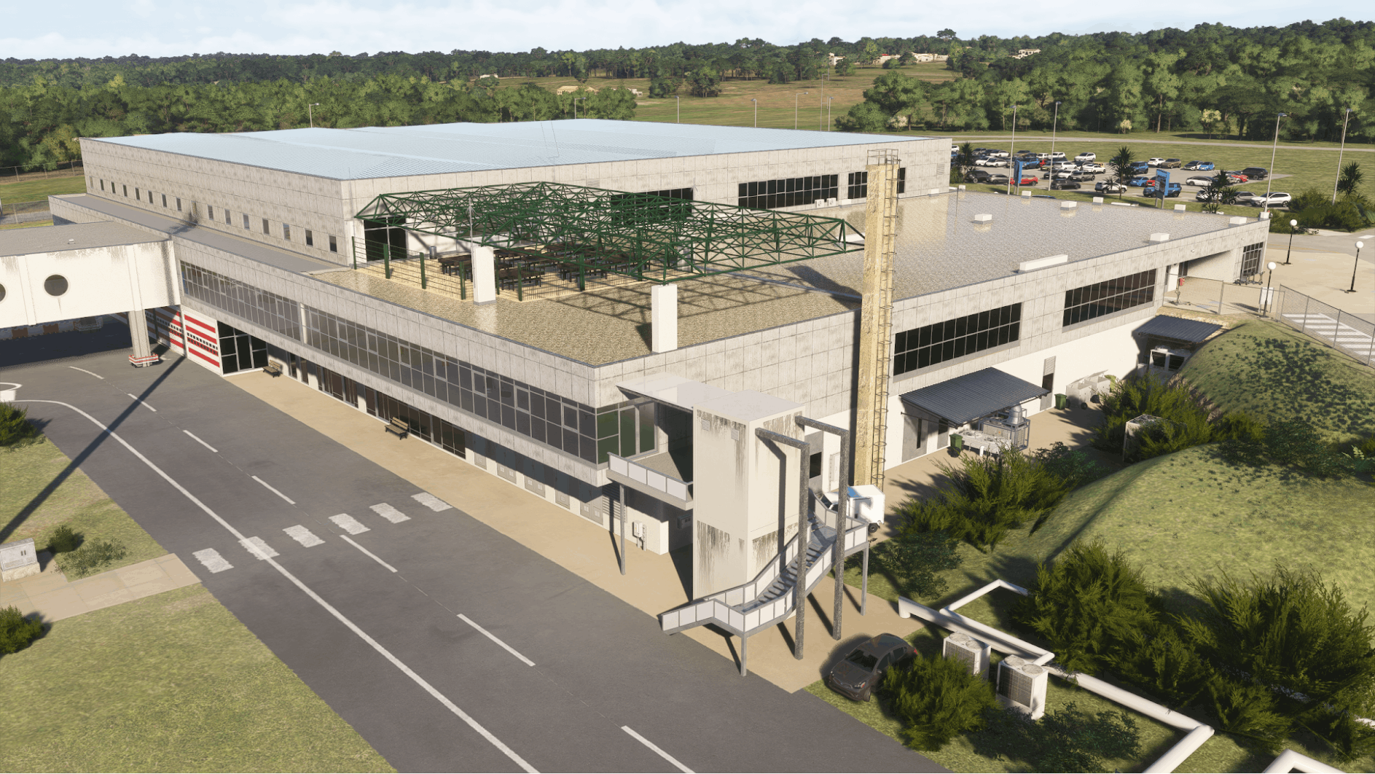 Pula Airport terminal building recreated in Microsoft Flight Simulator 2024, viewed from above with surrounding roads and car park