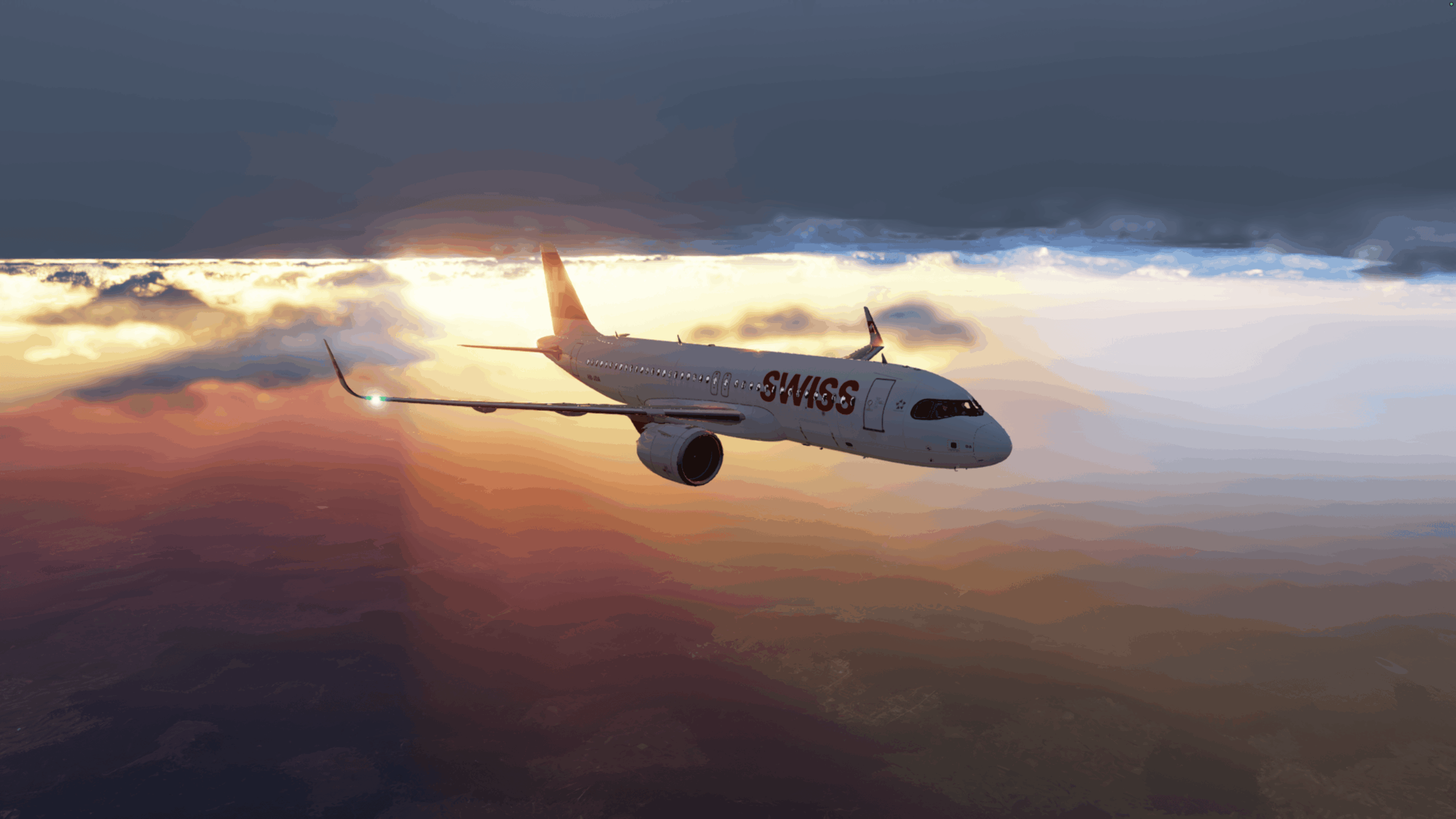 SWISS passenger aircraft flying above the clouds at sunset in a flight simulation PC setup.