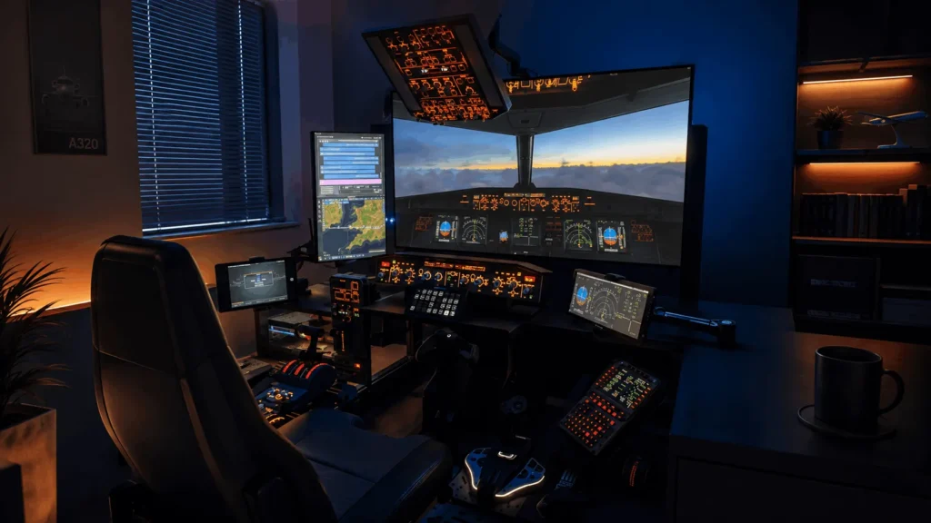 Home flight simulator setup with multiple cockpit displays, flight controls and an Airbus-style instrument panel.