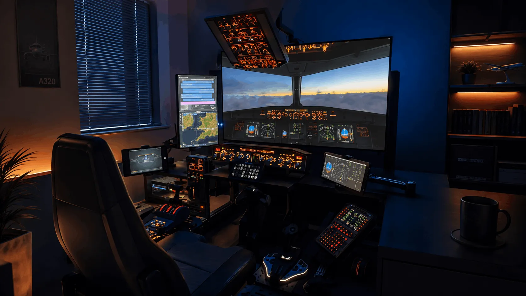 Home flight simulator setup with multiple cockpit displays, flight controls and an Airbus-style instrument panel.